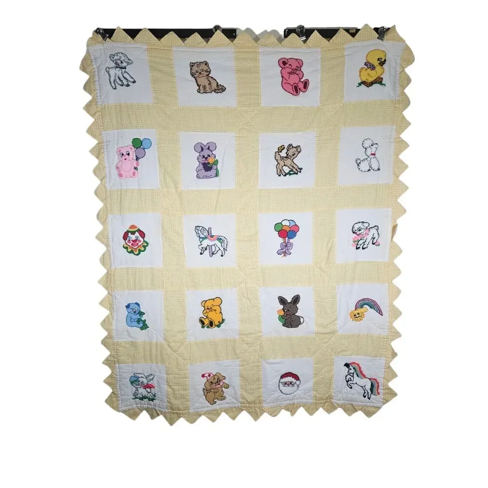 Vintage Handmade Baby Quilt 20 Embroidered Animal Blocks Circus Yellow 52x41
